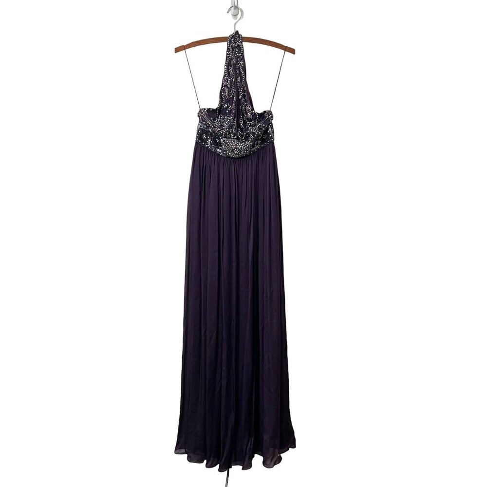 Reem Acra Womens Purple Beaded Sequin Silk Halter Evening Prom Formal Gown 10